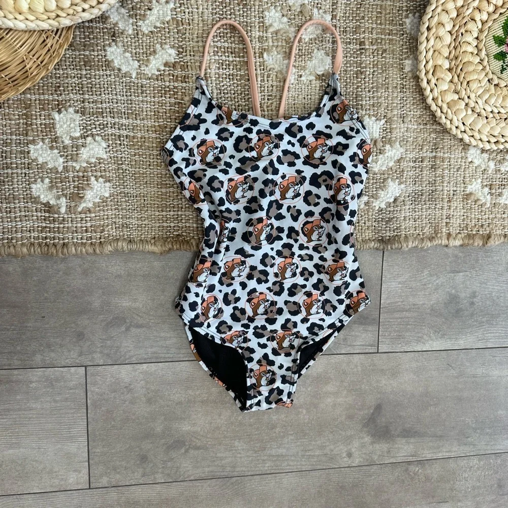 Buc-ee’s Beaver Girls Leopard Print Buc-ee One Piece Bathing Suit Swimsuit